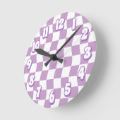 Retro Pastel Paarse Witte Wavy Checkerboard Ronde Klok (Hoek)
