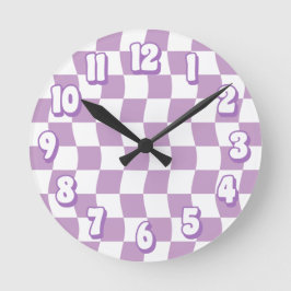 Retro Pastel Paarse Witte Wavy Checkerboard Ronde Klok