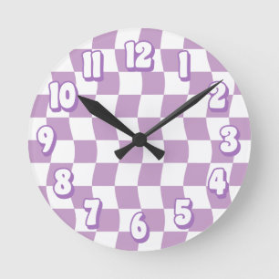 Retro Pastel Paarse Witte Wavy Checkerboard Ronde Klok
