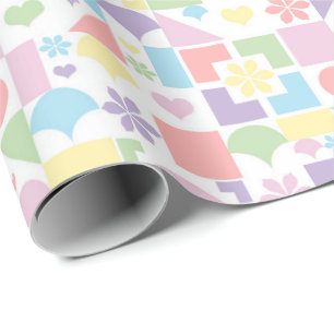 Retro Pastel Patchwork met 70s Vormen, Bloemen Cadeaupapier