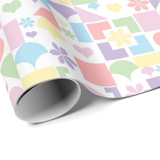 Retro Pastel Patchwork met 70s Vormen, Bloemen Cadeaupapier (Rol Hoek)