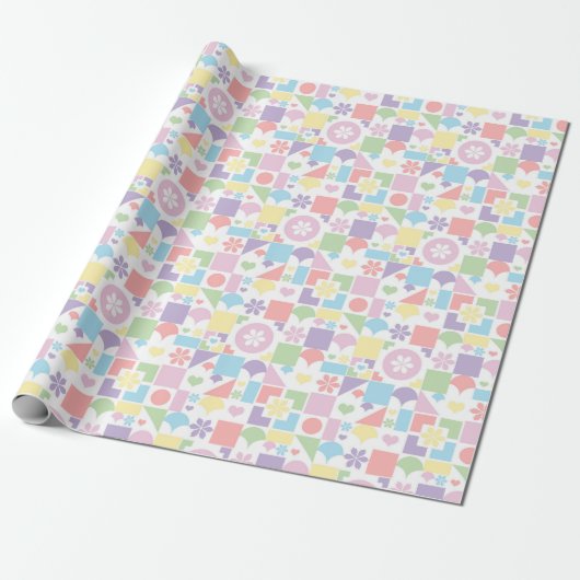 Retro Pastel Patchwork with 70s Shapes, Flowers Cadeaupapier (Uitgerold)
