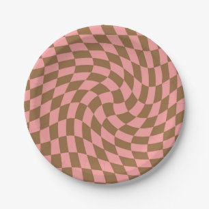 Retro Pastel Pink Brown Checkerboard met kookplaat Papieren Bordje