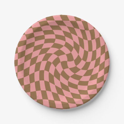 Retro Pastel Pink Brown Checkerboard met kookplaat Papieren Bordje (Voorkant)