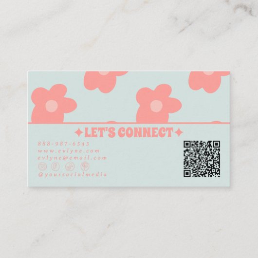 Retro Pastel Pink QR Code Groovy Floral Boho Girly Visitekaartje (Achterkant)