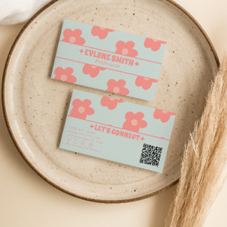 Retro Pastel Pink QR Code Groovy Floral Boho Girly Visitekaartje