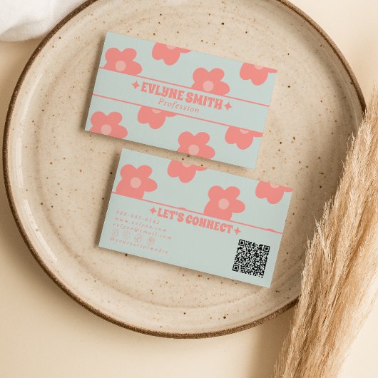 Retro Pastel Pink QR Code Groovy Floral Boho Girly Visitekaartje