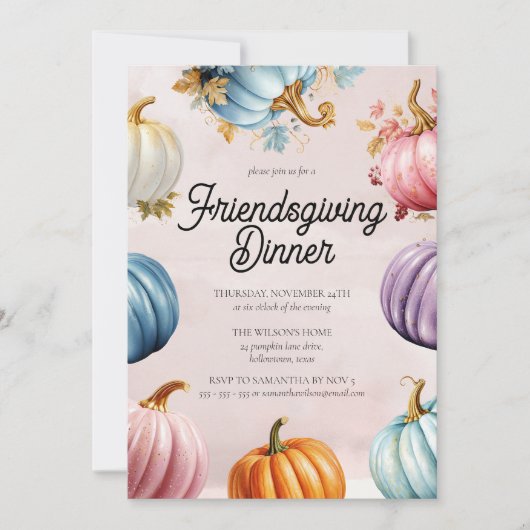 Retro Pastel Pompoenen Modern Thanksgiving Diner Kaart (Voorkant)