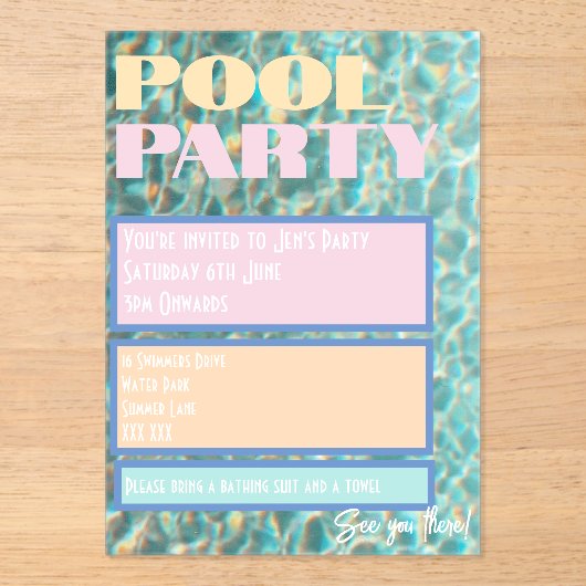 Retro Pastel Pool Party Invitation Acryl Uitnodigingen (Voorkant)