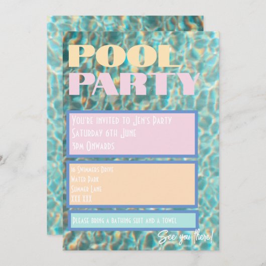 Retro Pastel Pool Party uitnodiging (Voorkant / Achterkant)