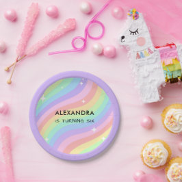 Retro Pastel Regenboog 6e Verjaardag Papieren Bordje