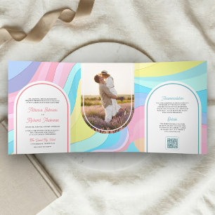 Retro Pastel Regenboog Boog Foto QR Code Huwelijk Drieluik Uitnodiging