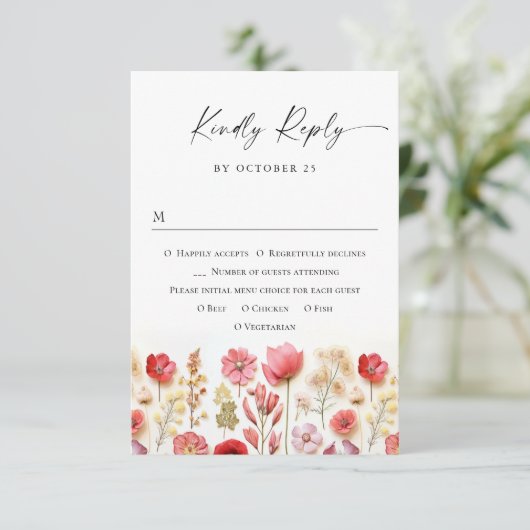 Retro Pastel Roze Boho Wilde Bloemen Bruiloft RSVP Kaartje (Staand voorkant)