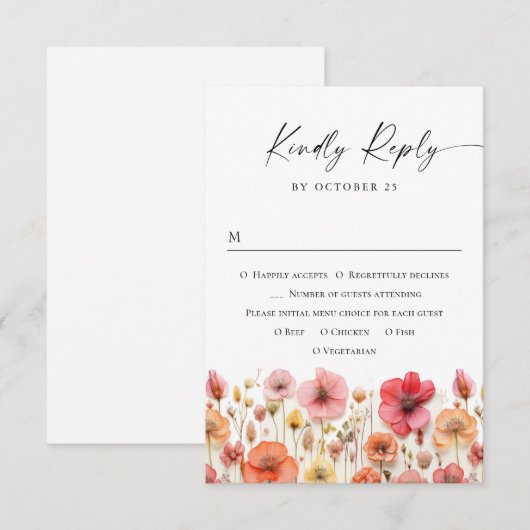 Retro Pastel Roze Boho Wilde Bloemen Bruiloft RSVP Kaartje (Voorkant / Achterkant)