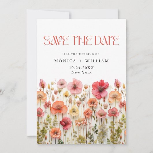 Retro Pastel Roze Boho Wilde Bloemen Bruiloft Save The Date (Voorkant)