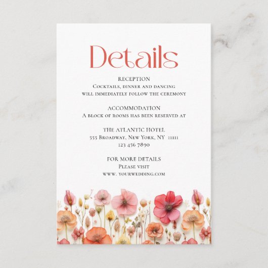 Retro Pastel Roze Boho Wildflower Bruiloft Details Informatiekaartje (Voorkant)