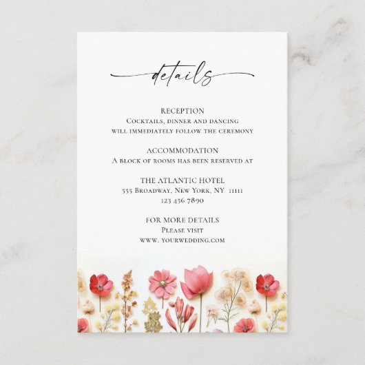 Retro Pastel Roze Boho Wildflower Bruiloft Details Informatiekaartje (Voorkant)