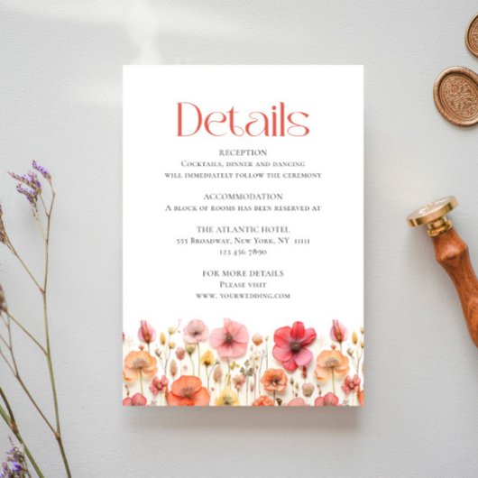 Retro Pastel Roze Boho Wildflower Bruiloft Details Informatiekaartje
