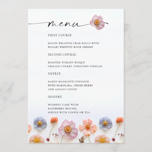Retro Pastel Roze Boho Wildflower Bruiloft Details Menu (Voorkant)