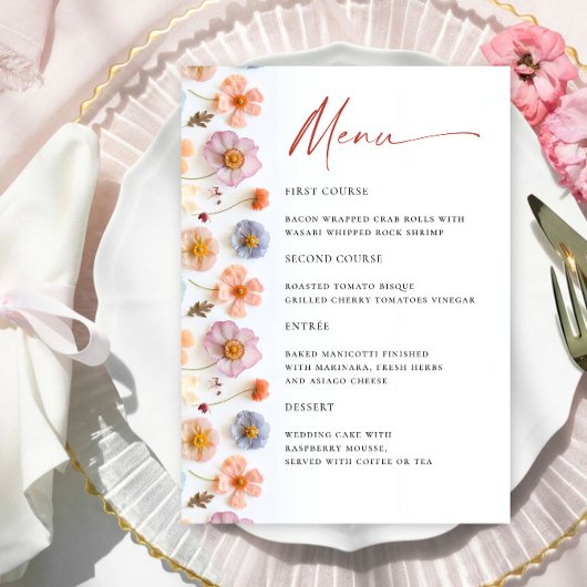 Retro Pastel Roze Boho Wildflower Bruiloft Details Menu