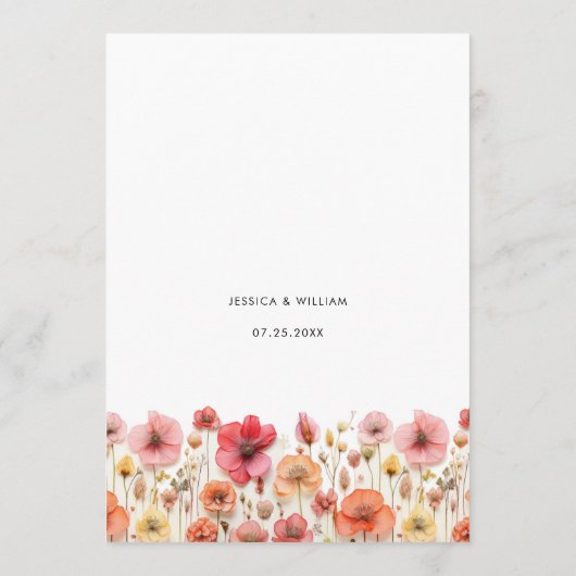 Retro Pastel Roze Boho Wildflower Bruiloft Details Menu (Achterkant)