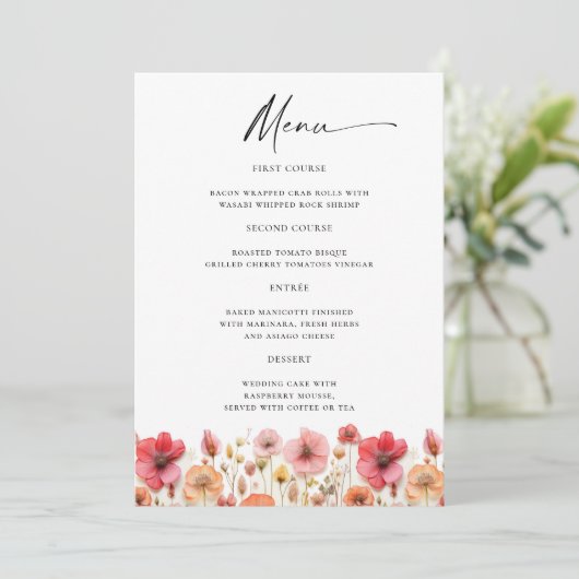 Retro Pastel Roze Boho Wildflower Bruiloft Details Menu (Staand voorkant)