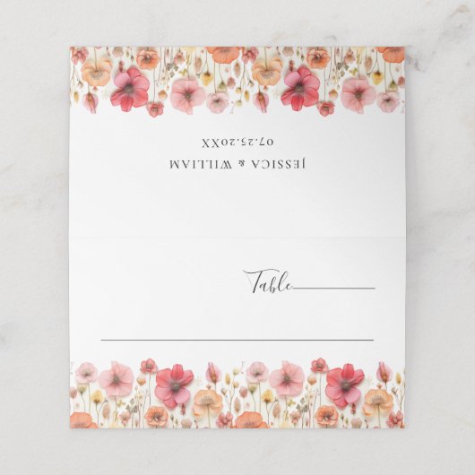 Retro Pastel Roze Boho Wildflower Bruiloft Plaatskaartje (Buitenkant ongevouwen)