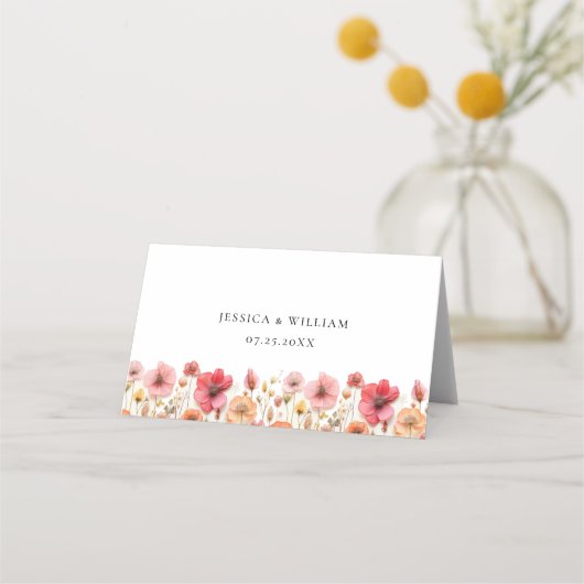 Retro Pastel Roze Boho Wildflower Bruiloft Plaatskaartje (Achterkant)