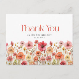 Retro Pastel Roze Boho Wildflower Dank u Briefkaart