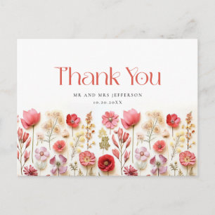 Retro Pastel Roze Boho Wildflower Dank u Briefkaart