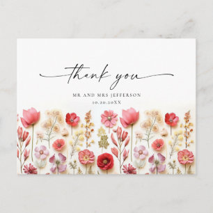 Retro Pastel Roze Boho Wildflower Dank u Briefkaart