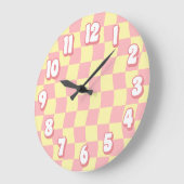 Retro Pastel Roze Geel Wavy Checkerboard Grote Klok (Hoek)