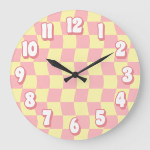 Retro Pastel Roze Geel Wavy Checkerboard Grote Klok