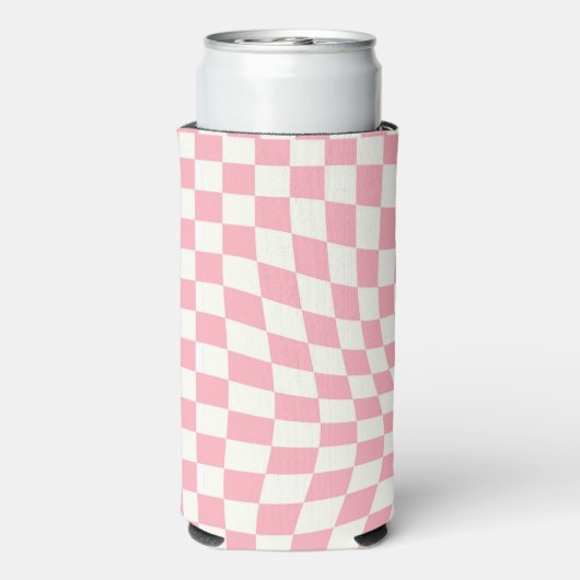 Retro pastel roze geruit geruit geruit seltzer blikjeskoeler (Seltzer Achterkant)