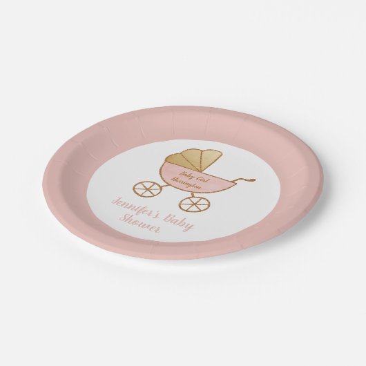 Retro Pastel Roze Koets Baby Meisje Douche Papieren Bordje (Gekanteld)