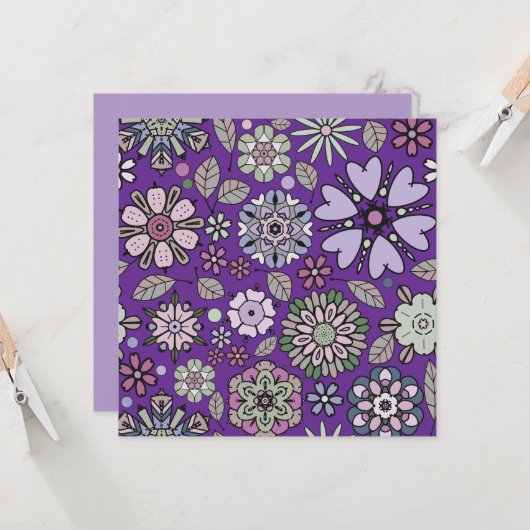 Retro pastel roze Paarse bloem naadloos patroon Kaart (Voorkant / Achterkant in situ)