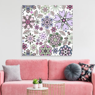 Retro Pastel Roze Paarse Bloemige Naadloos Patroon Canvas Afdruk