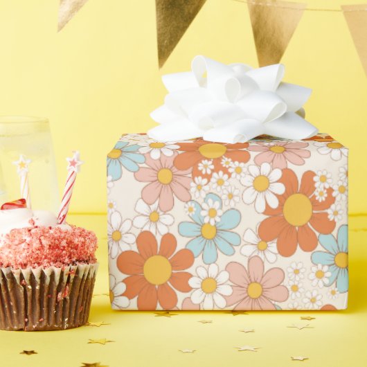 Retro Pastel Roze Sinaasappel Floral Wrapping Pape Cadeaupapier (Verjaardagsfeest)