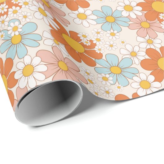 Retro Pastel Roze Sinaasappel Floral Wrapping Pape Cadeaupapier (Rol Hoek)