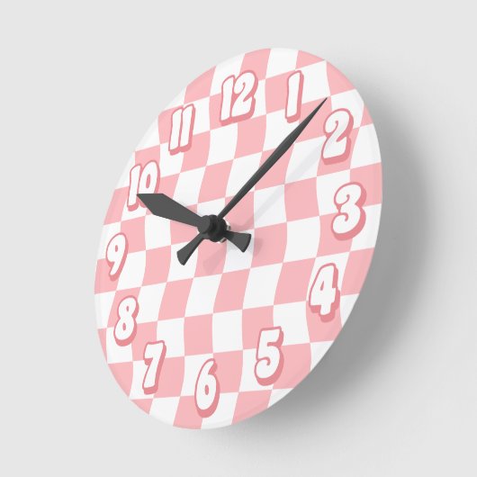 Retro Pastel Roze Wit Wavy Checkerboard Ronde Klok (Hoek)