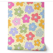 Retro Pastel Smiley Bloem Patroon Accent Behang