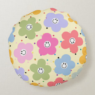 Retro Pastel Smiley Bloem Patroon Ronde Worp Kusse Rond Kussen