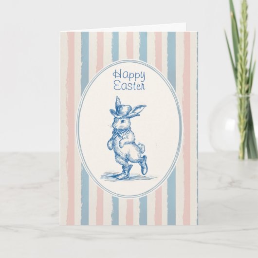 Retro Pastel Striped Vintage Blue Bunny Easter Kaart (Voorkant)