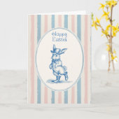 Retro Pastel Striped Vintage Blue Bunny Easter Kaart (Gele Bloem)