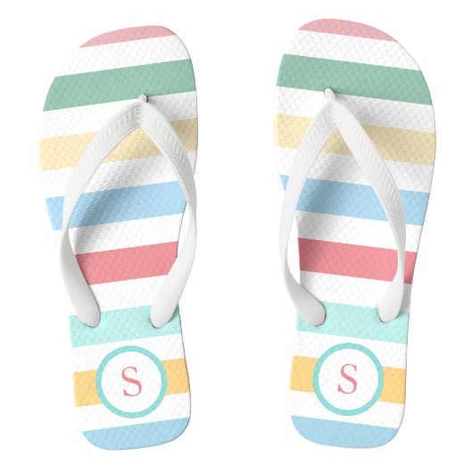 Retro Pastel Stripes met uw monogram Teenslippers (Voetbed)