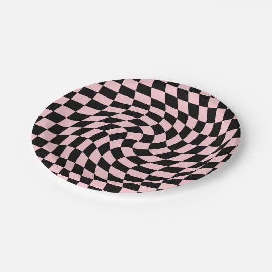 Retro Pastel zwart roze cheques gekookt checkboard Papieren Bordje (Gekanteld)