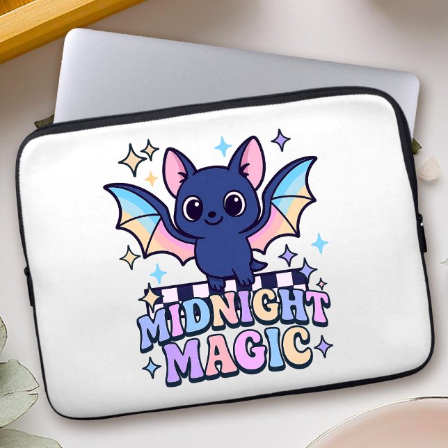 Retro Pastelcore Cute Halloween Bat & Checkerboard Laptop Sleeve (The midnight magic kawaii bat design shines with retro pastel charm.)