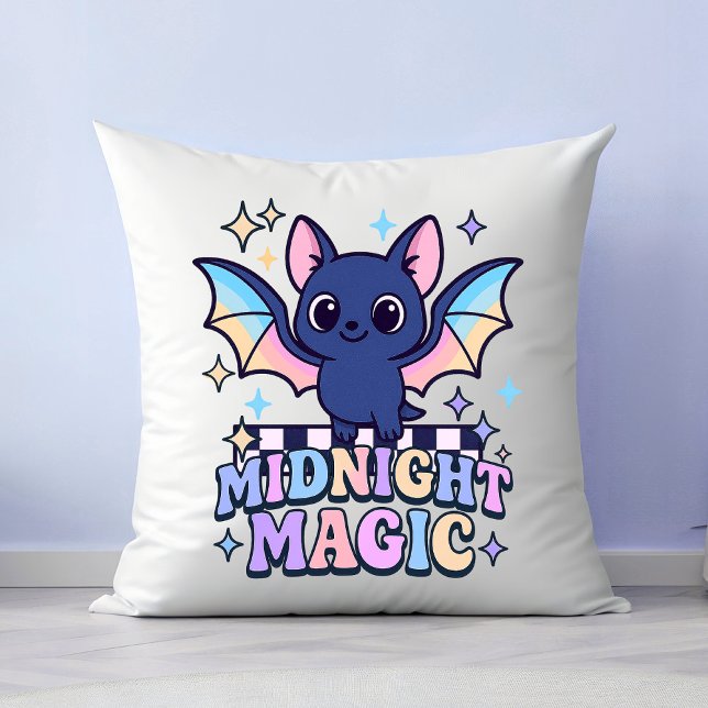 Retro Pastelcore Schattigee Halloween Bat & Checke Kussen (The midnight magic kawaii bat design shines with retro pastel charm.)