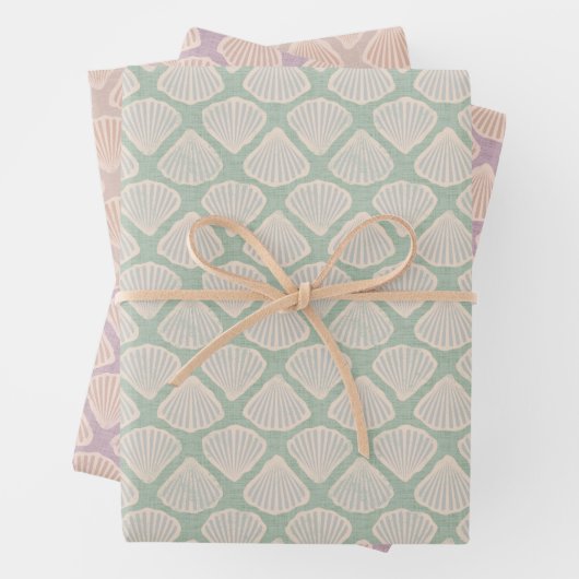 Retro pastelkleurig boho inpakpapier met zeeschelp vel (In situ)
