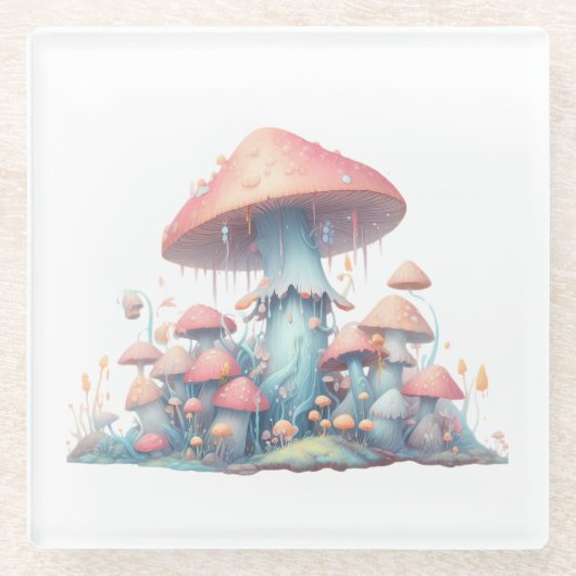 Retro pastelpaddenstoelen design met zachte kleure glazen onderzetter (Voorkant)